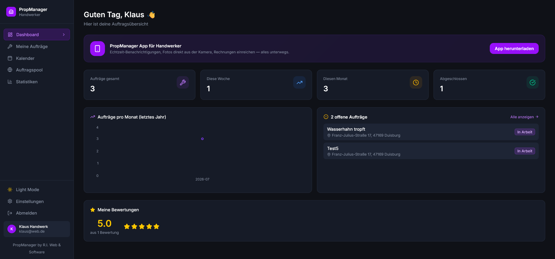 PropManager Dashboard für Handwerker
